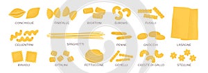 Various italian pasta types. Cartoon noodles different, lasagne, spaghetti and penne. Traditional cuisine italy, racy