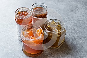 Various Jar of Fruit Jams Fig, Quince, Bergamot Citrus and Watermelon Peel Marmalade.