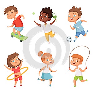 Various kids in active sports. Vector characters isolate on white background