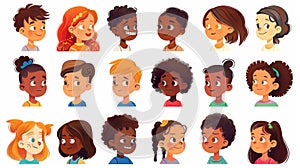 Various kids with different appearances. Happy unique children with peculiar complexions. Boys and girls with braces