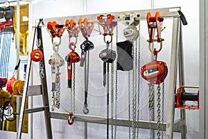 Various kind of industrial manual chain hoist such as hand pull and lever type for lifting object and reduce work load storage on