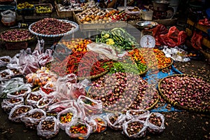 Various kind of spices with beautiful colour on sale on the ground at traditional market photo taken in Bogor Indonesia