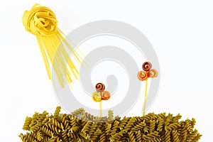 Various kinds of colored raw Italian pasta on a white background, top view, in the form of flower fields and sun from food, openin