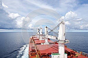 Various kinds of colorful blue sky, white clouds and open spaces of the world ocean. Seascapes. View from the side of a sea ship w