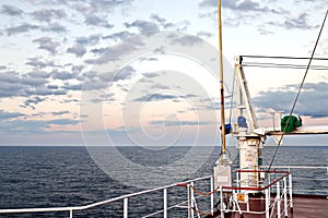 Various kinds of colorful blue sky, white clouds and open spaces of the world ocean. Seascapes. View from the side of a sea ship w