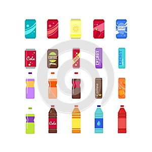 Various kinds of drinks. Bottle, bottle cans, juice, coffee, cola, water, energy. Isolated on a white background