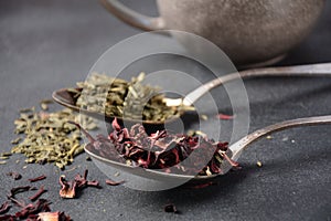 Various kinds of dry tea bancha green, Hibiscus, Butterfly Pea flower tea