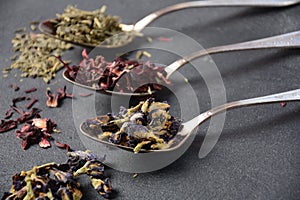 Various kinds of dry tea bancha green, Hibiscus, Butterfly Pea flower tea