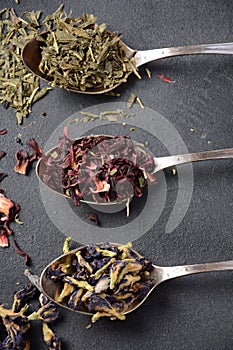 Various kinds of dry tea bancha green, Hibiscus, Butterfly Pea flower tea