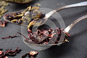 Various kinds of dry tea bancha green, Hibiscus, Butterfly Pea flower tea