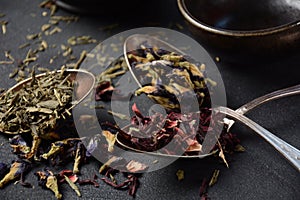 Various kinds of dry tea bancha green, Hibiscus, Butterfly Pea flower tea