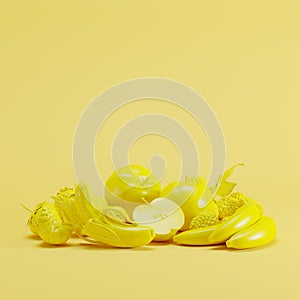 Various kinds of fruits in yellow color on yellow pastel background