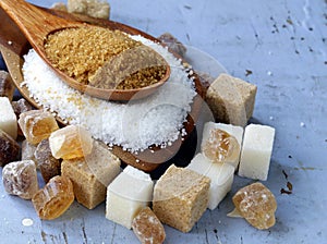 Various kinds of sugar, brown, white and refined
