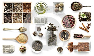 Various kinds of tea, rustic dishware, cinnamon, topview photo