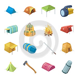 Various kinds of tents and other tourist accessories. The tent set collection icons in cartoon style vector symbol stock