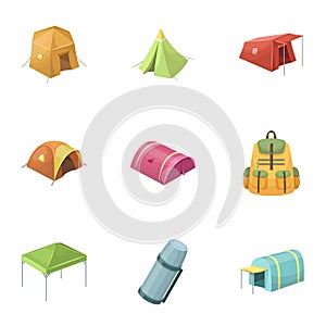 Various kinds of tents and other tourist accessories. The tent set collection icons in cartoon style vector symbol stock