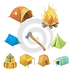 Various kinds of tents and other tourist accessories. The tent set collection icons in cartoon style vector symbol stock