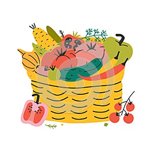 Various kinds of vegetales put in picnic wicker basket for farming organic food festifal. Concept of organic vegetarian healthy di photo
