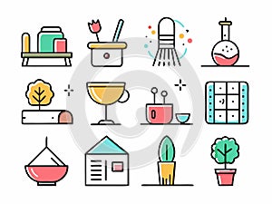 Various kitchen and household items in a graphic style