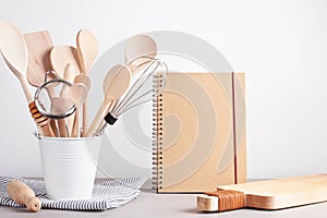 Various kitchen utensils. Recipe cookbook, cooking classes conce