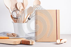 Various kitchen utensils. Recipe cookbook, cooking classes conce