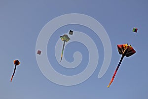 Various kites flying on the blue sky