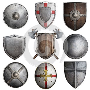 Various knight shields set 3d illustration