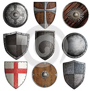 Various knight shields set isolated 3d illustration photo