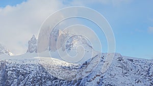 Various landscapes of Italian Dolomite region under snowfall