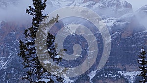 Various landscapes of Italian Dolomite region under snowfall