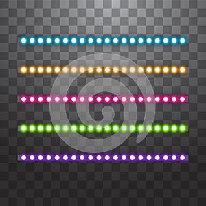 Various LED stripes on transparent background, glowing LED garlands. Set of pink, yellow, purple, blue, green glowing
