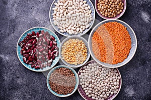 Various legumes. Chickpeas, red lentils, black lentils, yellow p