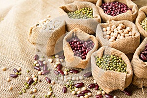 Various of legumes seed in sack bag