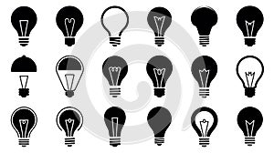 Various light bulb icons are arranged in a 4x5 grid, showcasing different designs in black photo