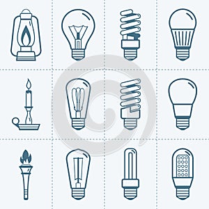 Various light bulb icons set. Vector illustration.