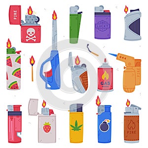 Various Lighters as Portable Device for Igniting Cigarette and Generating Flame Vector Set