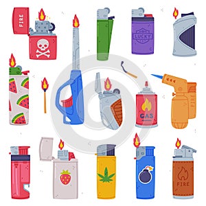 Various Lighters as Portable Device for Igniting Cigarette and Generating Flame Vector Set
