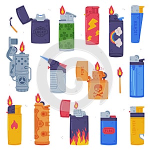 Various Lighters as Portable Device for Igniting Cigarette and Generating Flame Vector Set