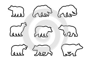 various line art bear silhouettes on the white background, bear icon set