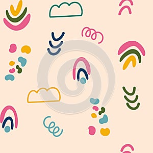 Various lines, dots and shapes seamless pattern. Colorful abstract background. Rainbow shapes, curves, arcs. Modern abstract