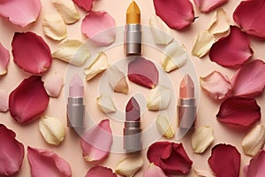 various lipsticks with flower petals and leaves