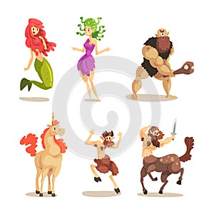 Various Magical Mythical Creatures with Mermaid, Medusa, Cyclops, Centaur, Faun and Unicorn Vector Set