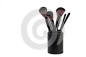 Various make up brushes in box isolated on white background with space for text