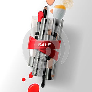 Various makeup brushes and cosmetics with red ribbon. Sale poster