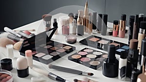 Various makeup professional cosmetics on white table. Generative AI.