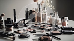 Various makeup professional cosmetics on white table. Generative AI.
