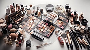 Various makeup professional cosmetics on white table. Generative AI.