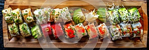 Various Maki Sushi Big Set, Norimaki Rolles Collection on Wooden Plate Top View