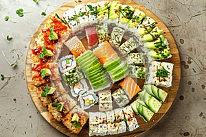 Various Maki Sushi Big Set, Norimaki Rolles Collection on Wooden Plate Top View