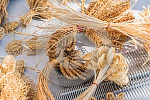 Various materials, sisal, raffia, cords, for making decorations